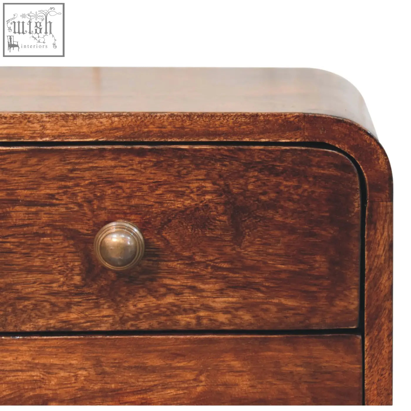 Mini curved california walnut wall mounted bedside table with rich brown wooden drawer and polished brass knob