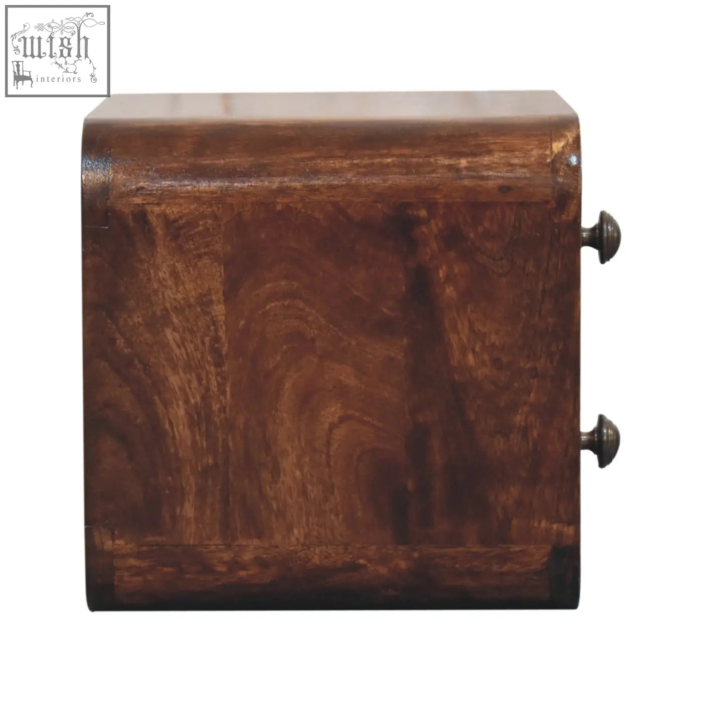 Mini curved california walnut wall mounted bedside table in rich dark brown wood with polished finish and brass knobs