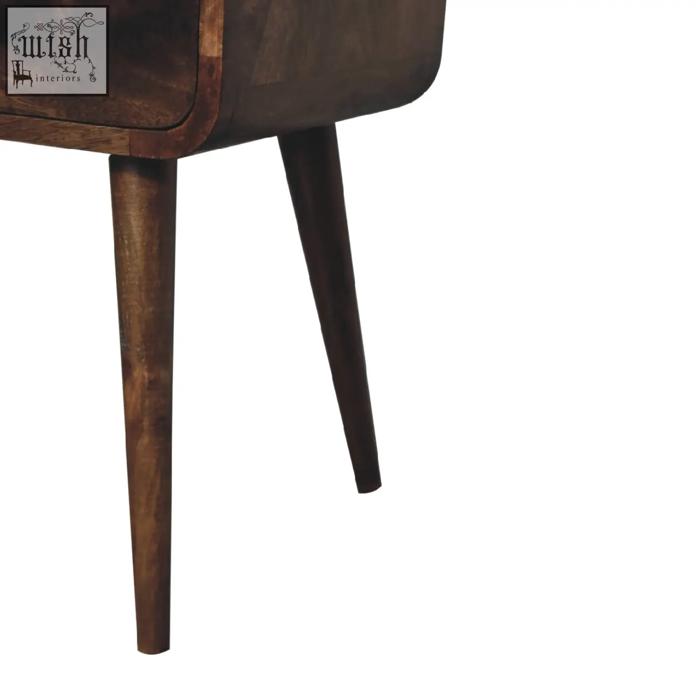 Dark brown wooden nightstand with tapered legs and smooth rounded edge in mini curved grey washed solid mango wood finish