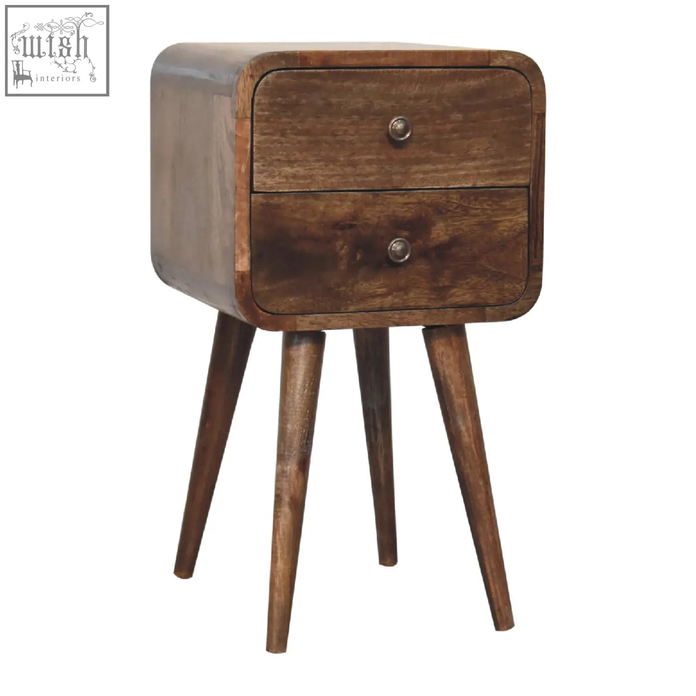 Dark brown solid mango wood nightstand with two drawers and tapered legs in mini curved grey washed style