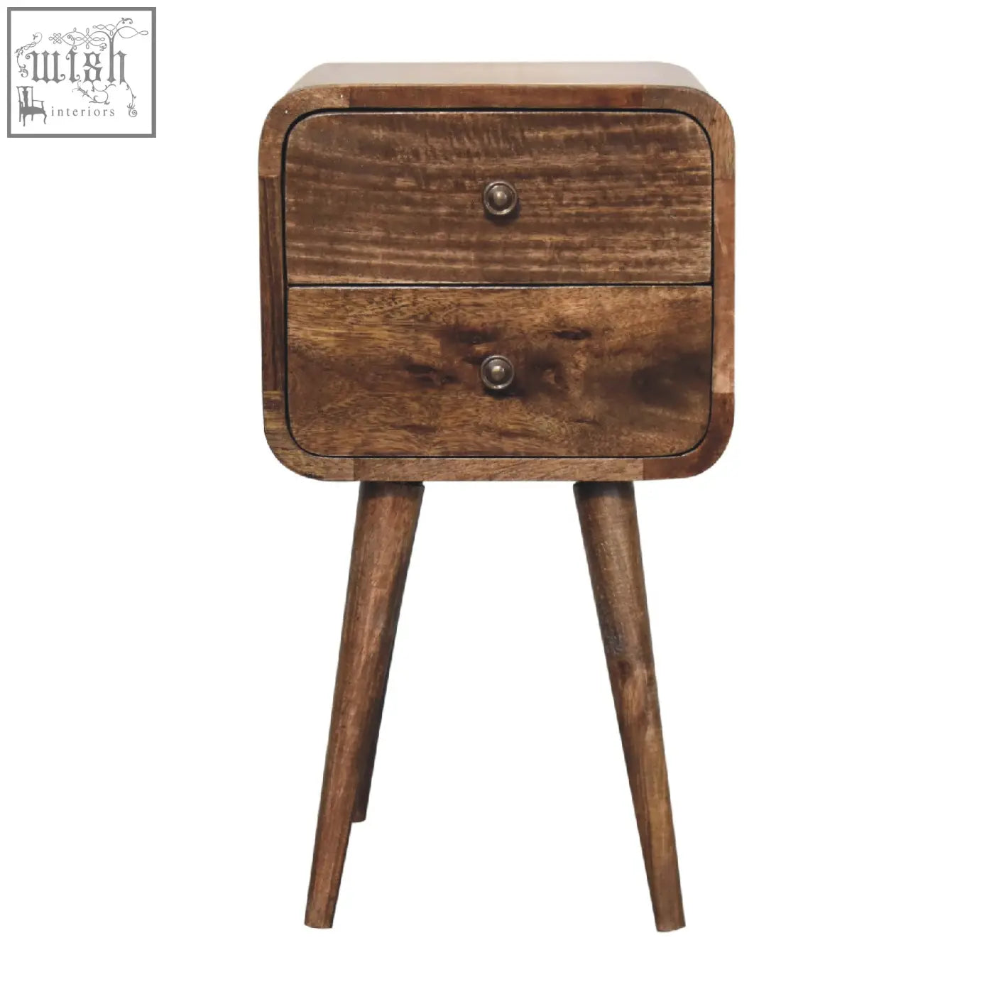 A rustic dark brown wooden nightstand with two drawers and tapered legs made from solid mango wood