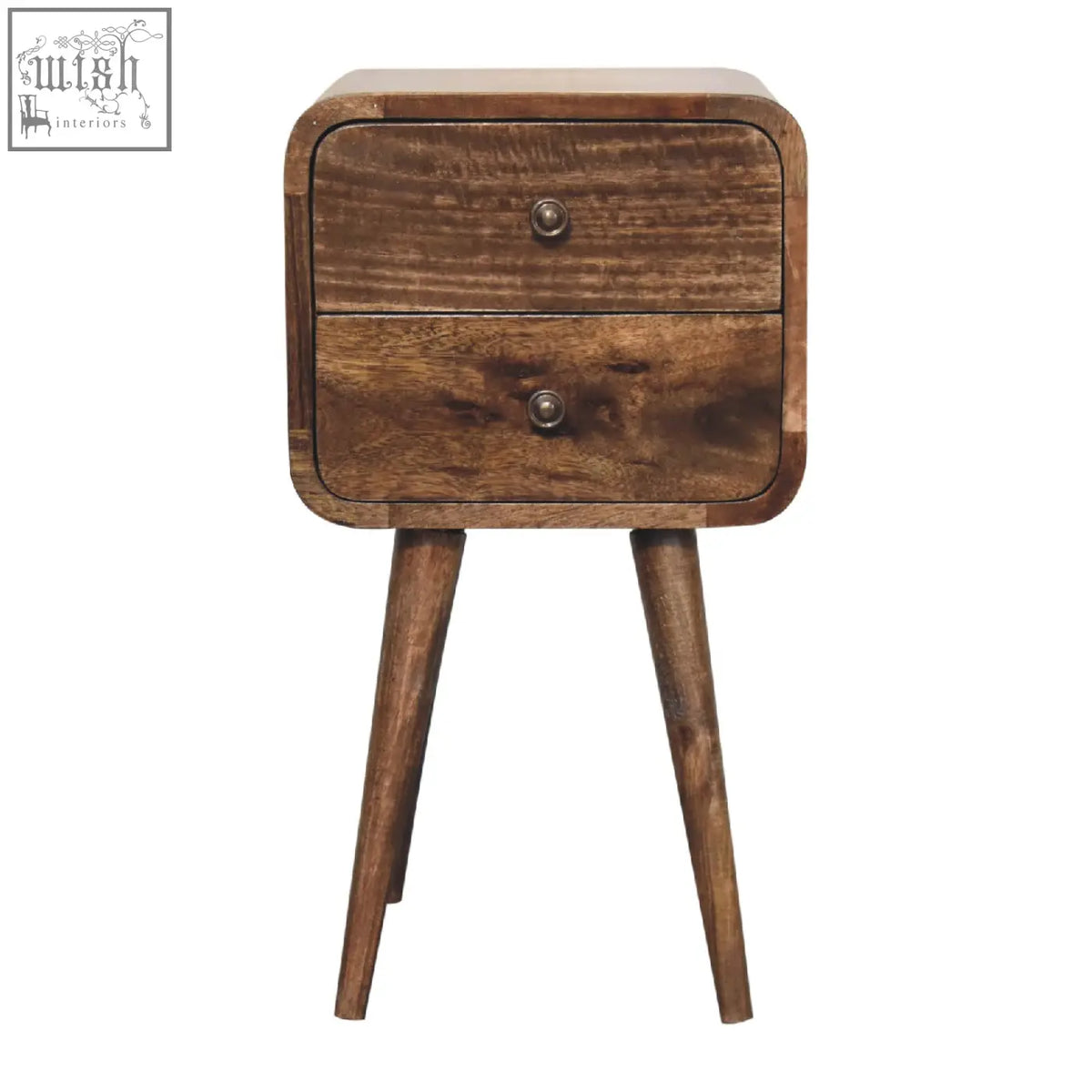 A rustic dark brown wooden nightstand with two drawers and tapered legs made from solid mango wood