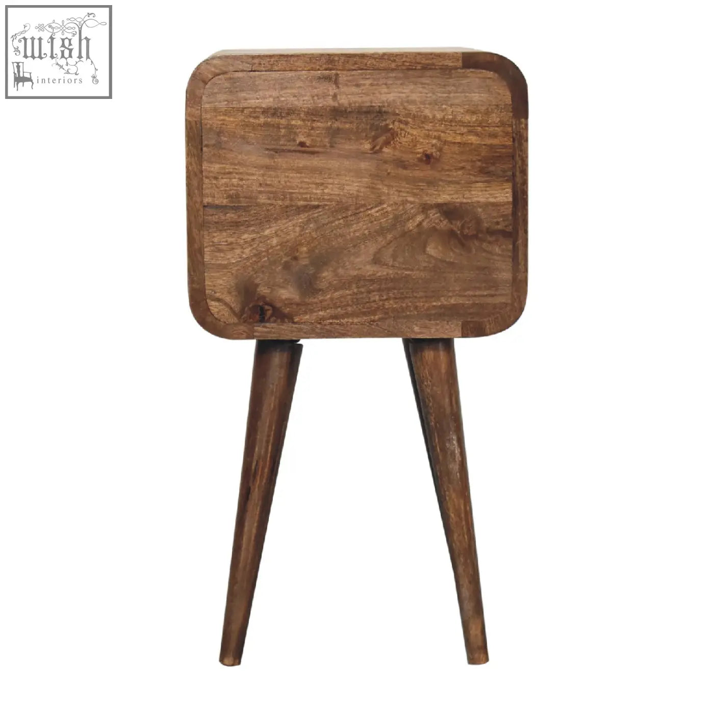 Mini curved grey washed bedside table with solid mango wood top and tapered legs for rustic bedroom decor