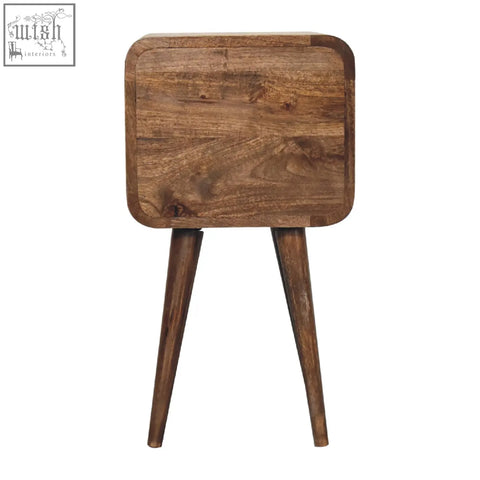 Mini curved grey washed bedside table with solid mango wood top and tapered legs for rustic bedroom decor