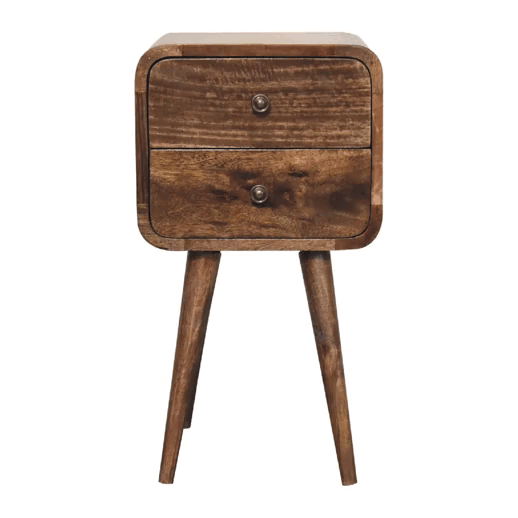 Rustic mini curved grey washed bedside table with two drawers made of solid mango wood and tapered legs