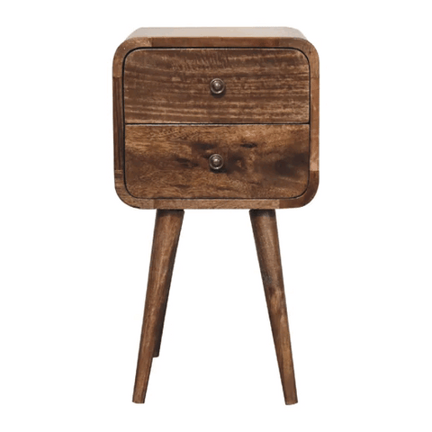 Rustic mini curved grey washed bedside table with two drawers made of solid mango wood and tapered legs
