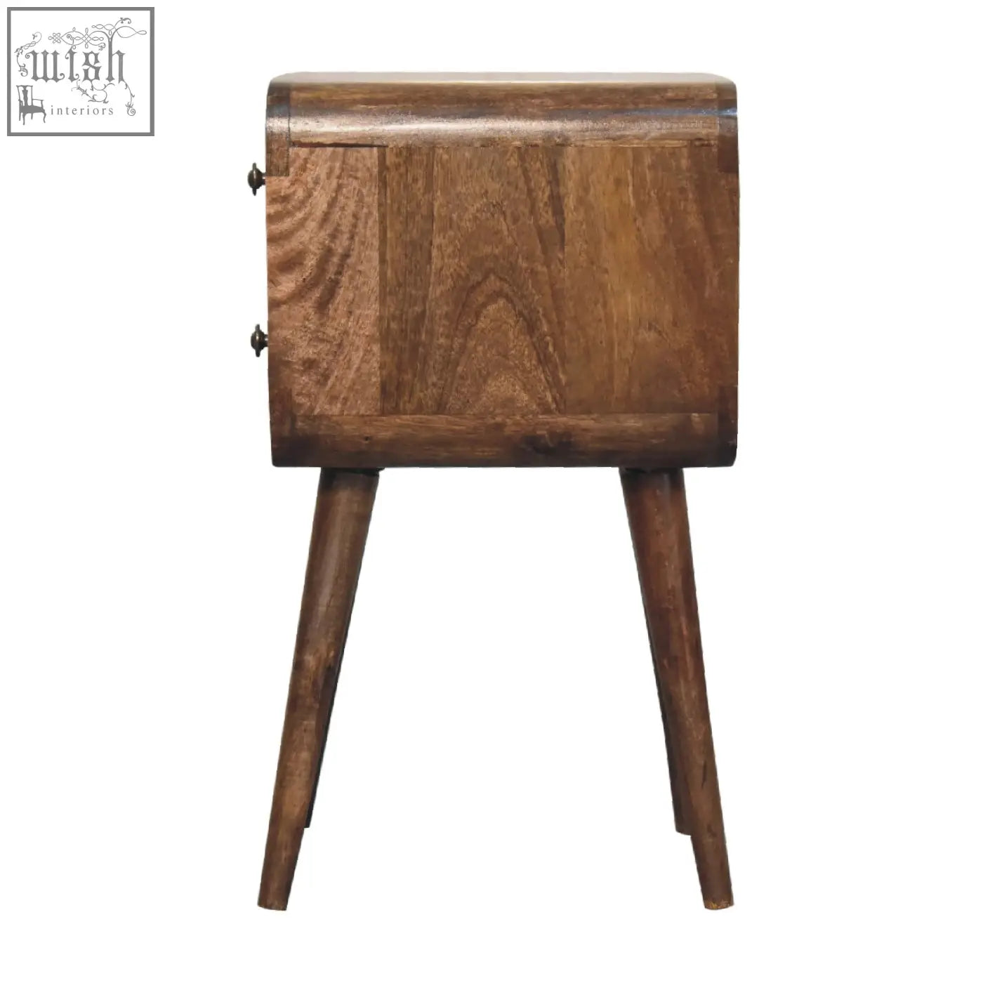 Rustic mini curved grey washed bedside table made of solid mango wood with two drawers and black metal handles