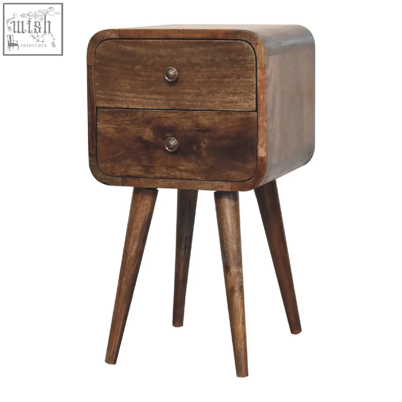 Rustic mini curved grey washed bedside table made of solid mango wood with two drawers and tapered legs