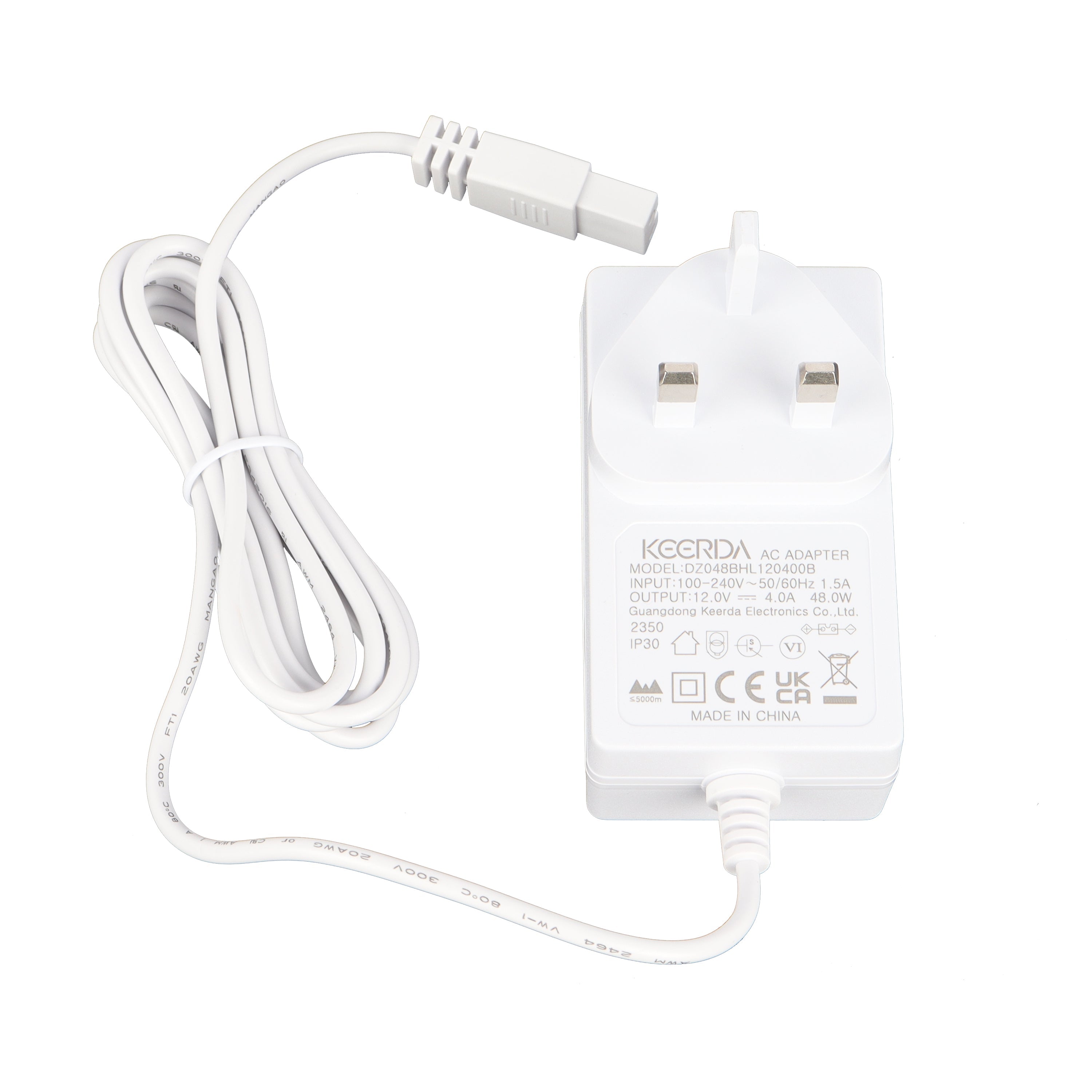White plastic ac adapter with uk plug and coiled cord for litre mini fridge cables and power supply