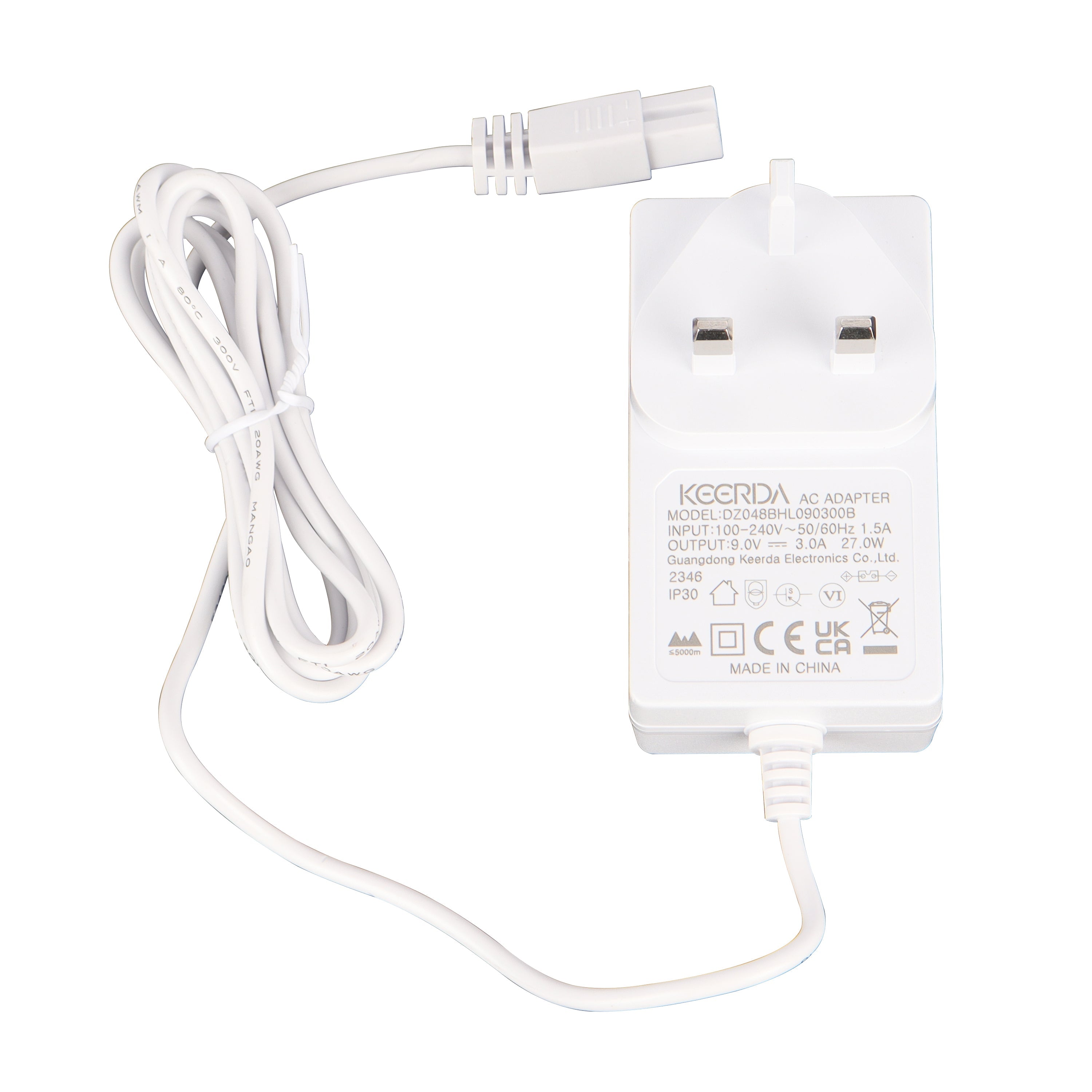 White plastic ac adapter with coiled cord and uk plug for litre mini fridge power connection