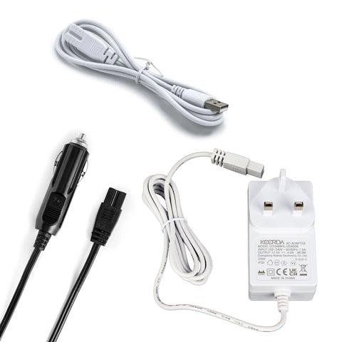 White plastic ac adapter with uk plug and coiled usb cable for litre mini fridge power connection