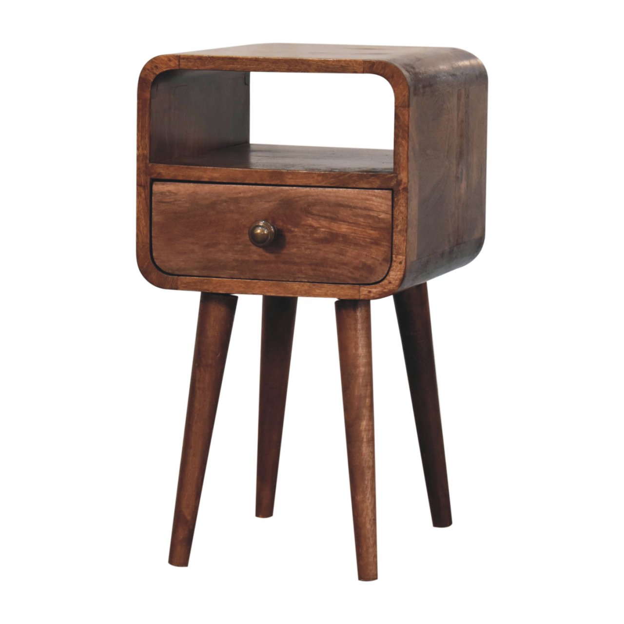Mini honey caramel curved bedside wooden nightstand with open slot, single drawer, rounded edges, and tapered legs