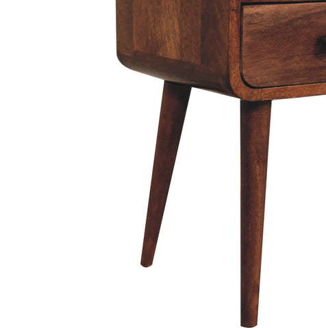 Mini honey caramel curved bedside wooden nightstand with open slot and tapered legs in rich brown finish
