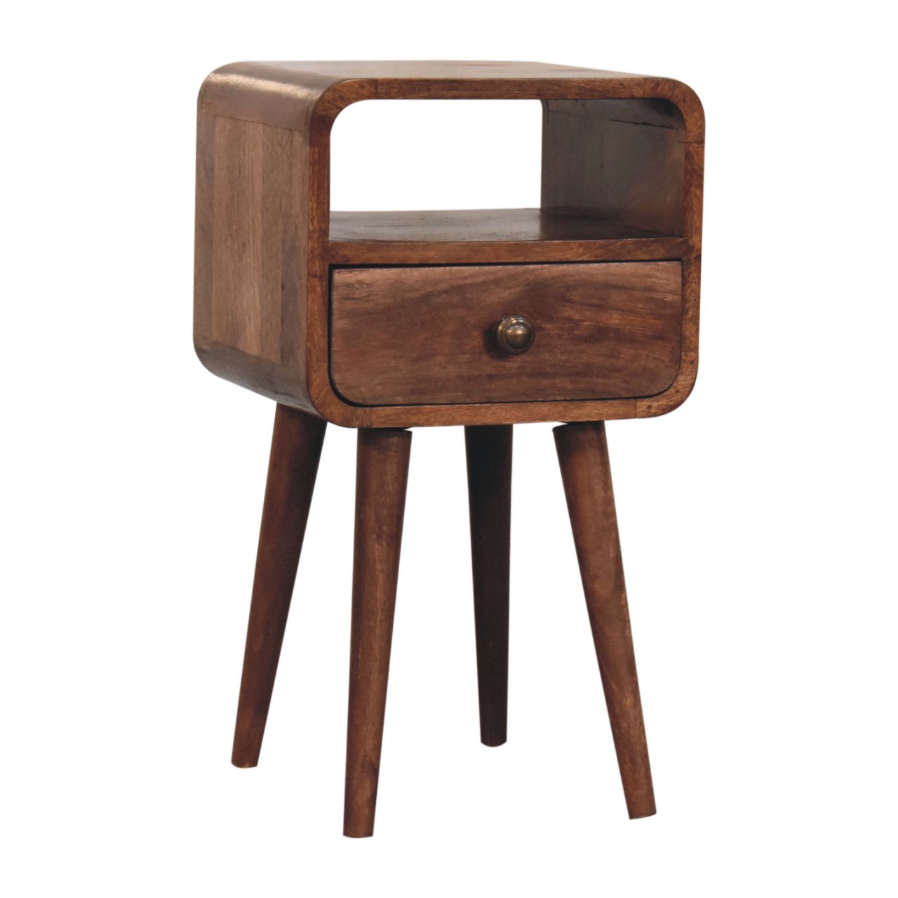 Mini honey caramel curved bedside table with open slot and tapered legs in mid-century modern wood design