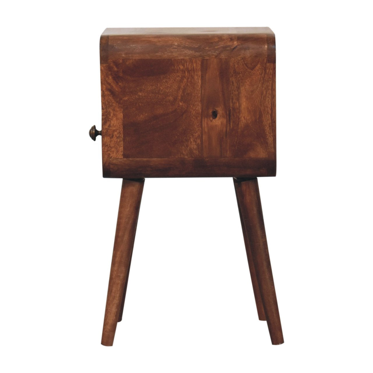 A rustic wooden mini honey caramel curved bedside table with warm brown finish and open slot for storage