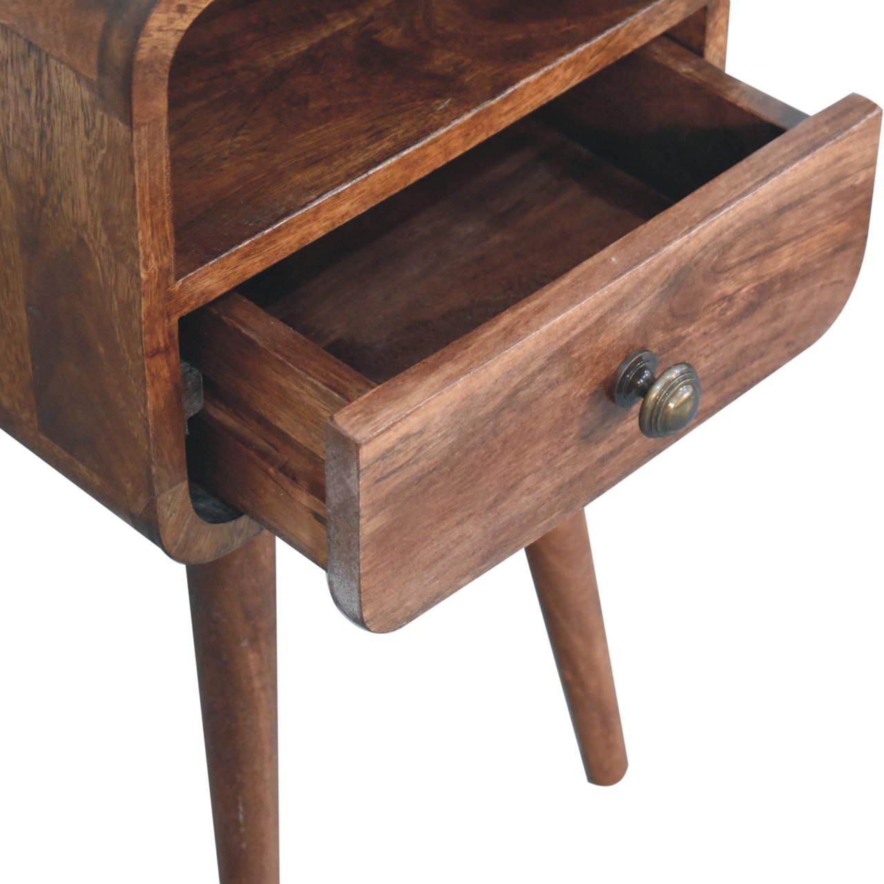 A rustic honey caramel mini curved bedside table with open slot and single drawer in warm brown wood