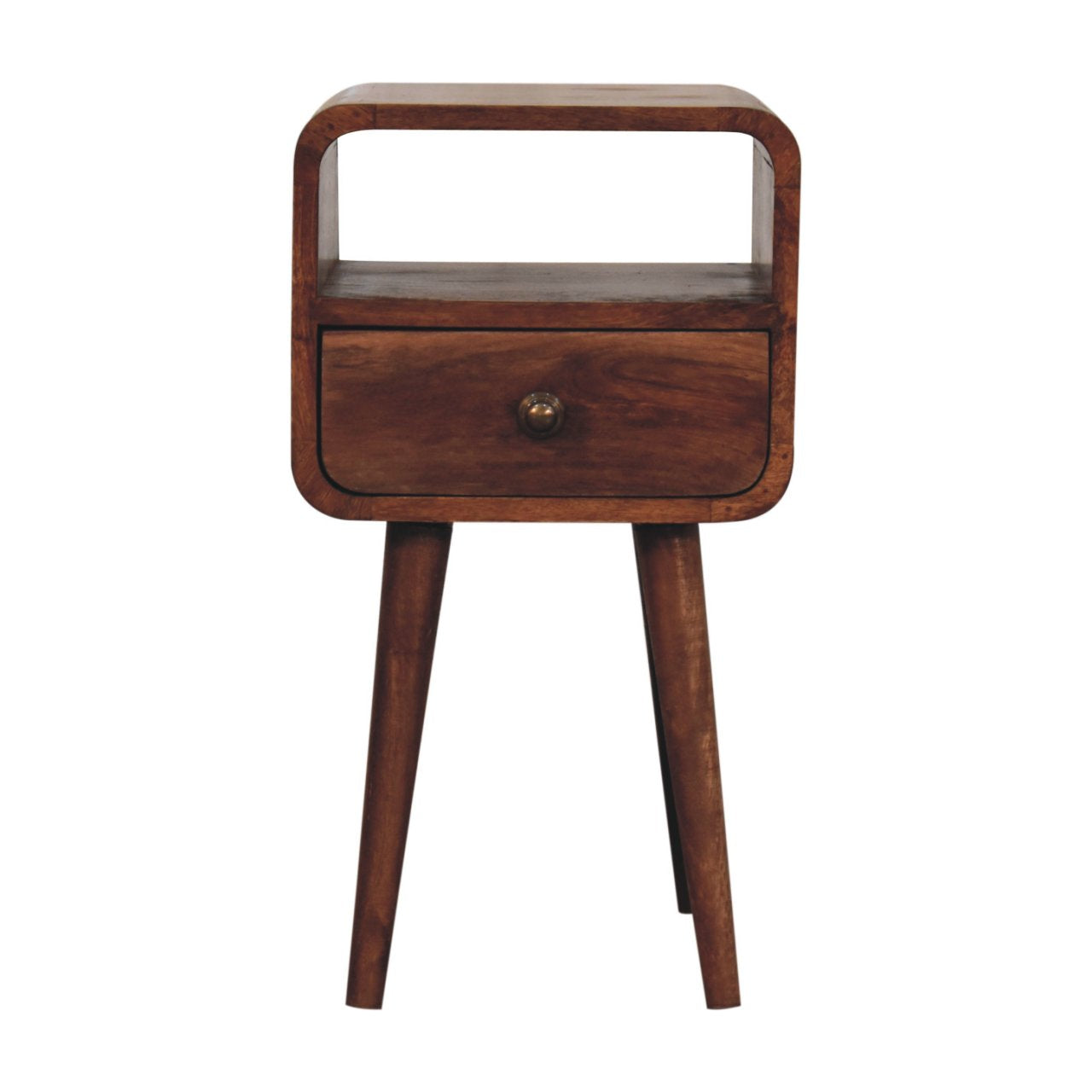 A sleek mini honey caramel curved bedside table with dark brown wood and open slot for easy storage