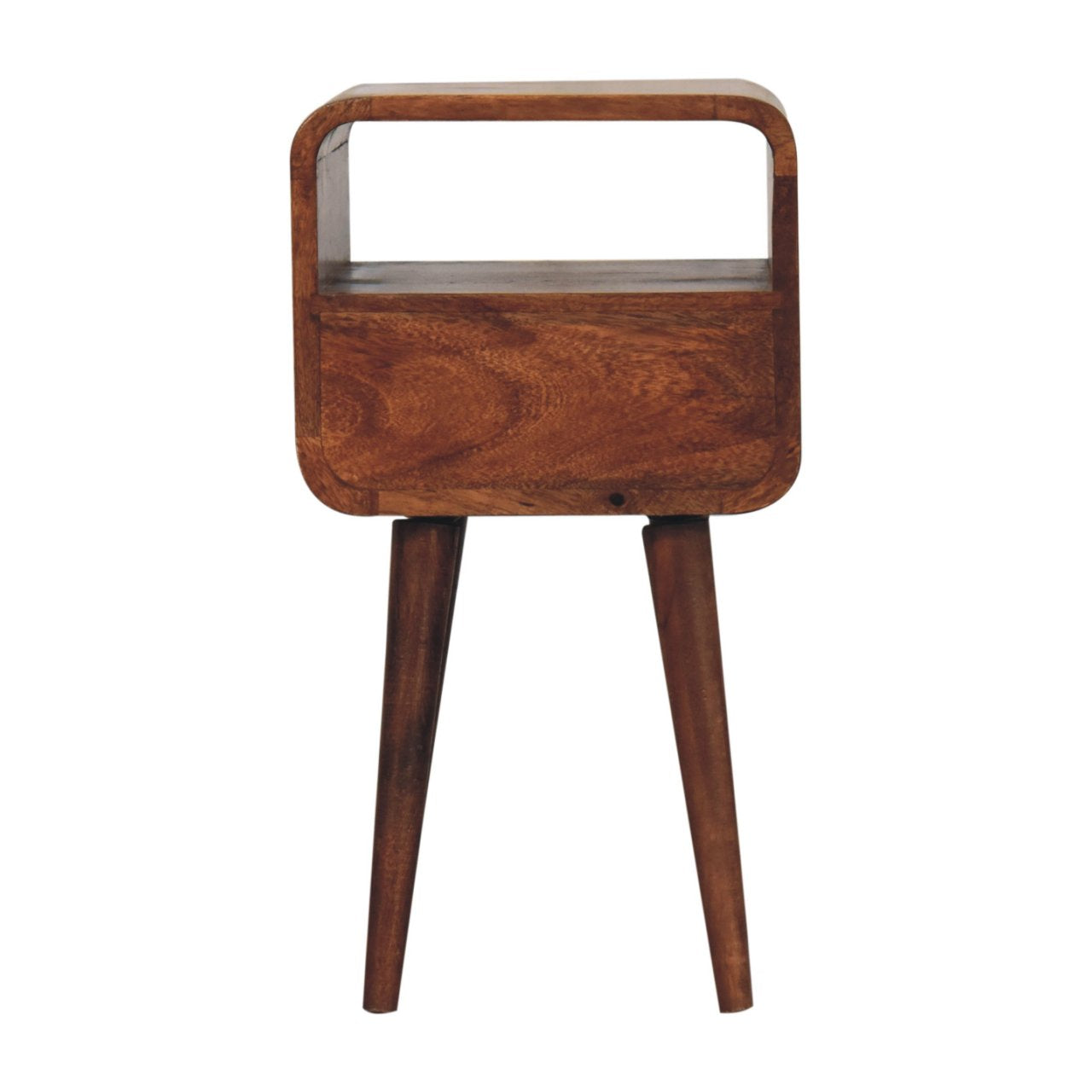 A sleek mid-century modern wooden mini honey caramel bedside table with an open slot and tapered legs