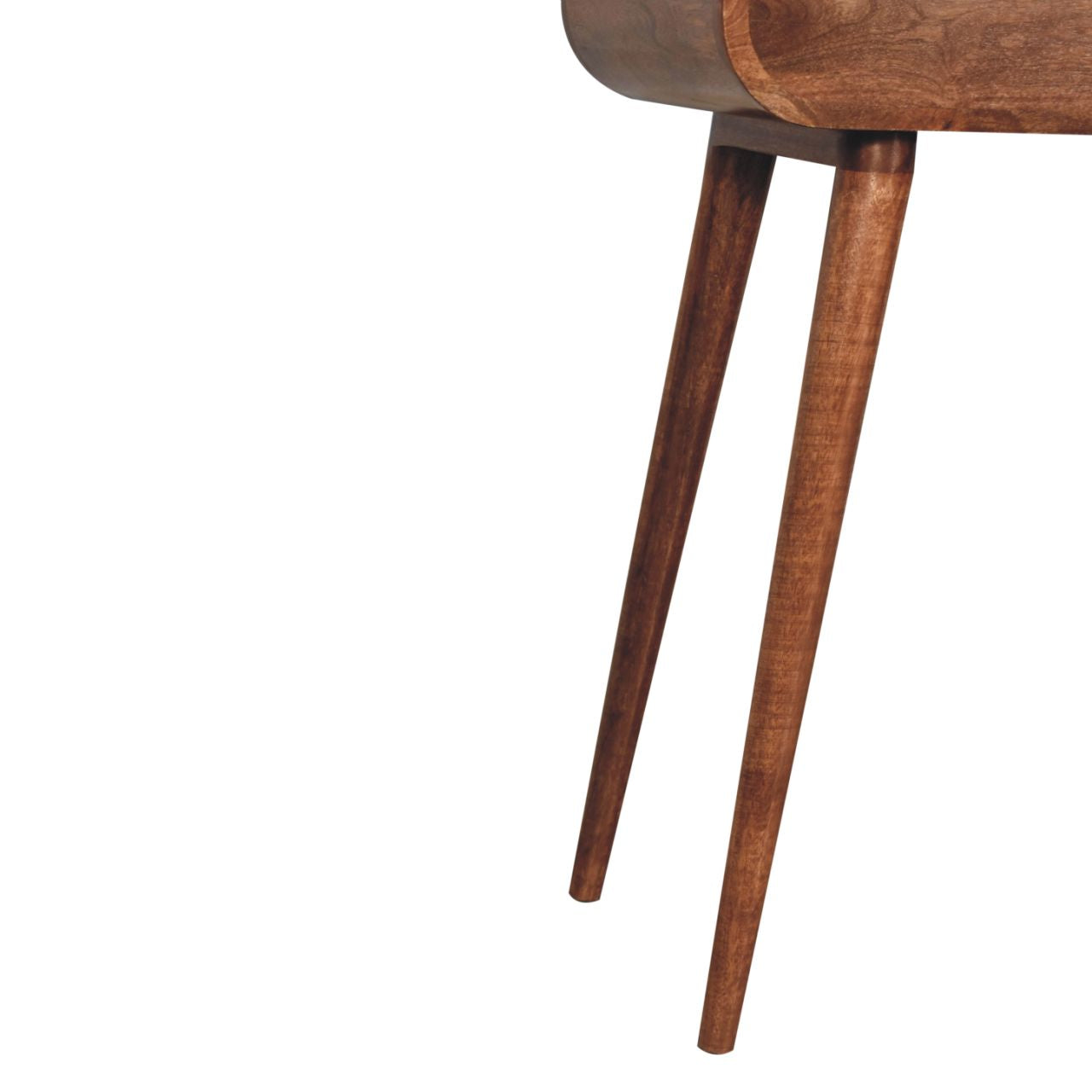 Mini honey caramel wooden side table with tapered legs and foldable mirror in warm rich brown finish