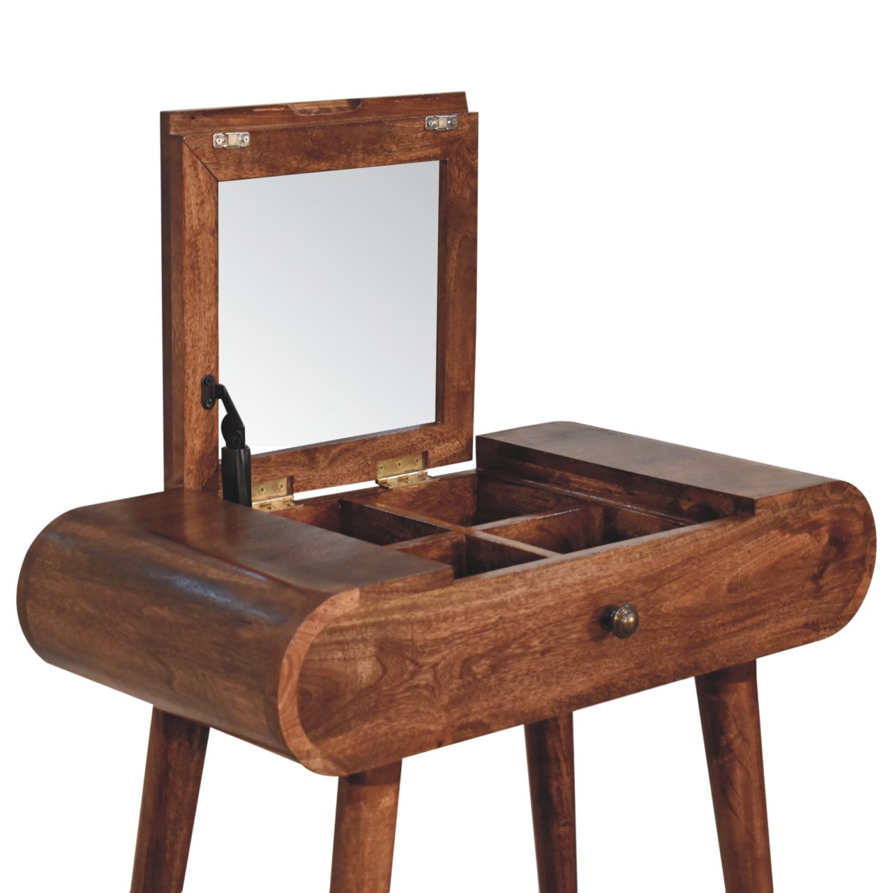 A sleek dark brown wooden mini honey caramel vanity table with foldable mirror and segmented storage compartments