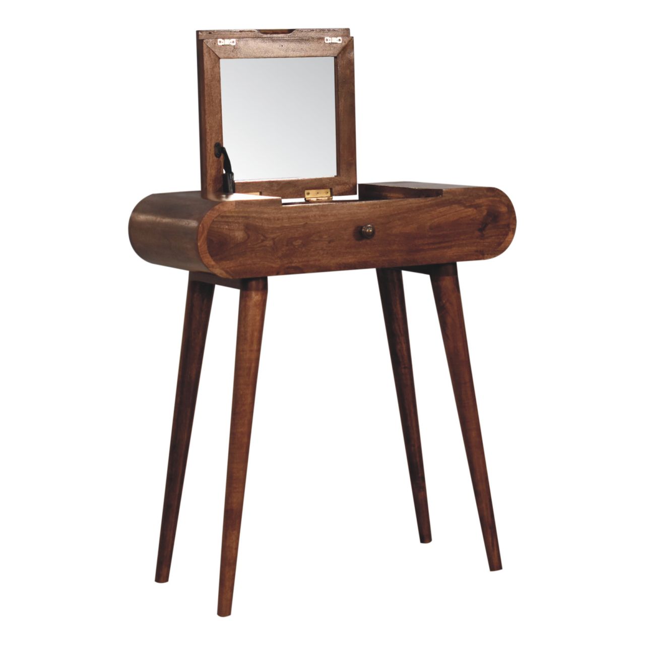 A sleek mini honey caramel wooden vanity table with tapered legs and a foldable mirror perfect for compact spaces