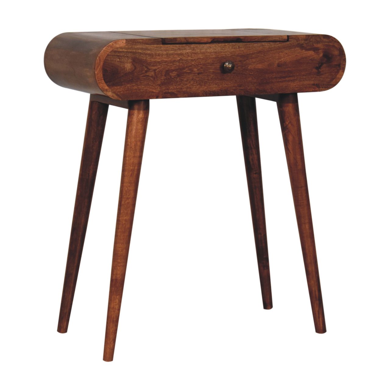 A sleek dark brown wooden mini honey caramel nightstand with tapered legs and a foldable mirror top