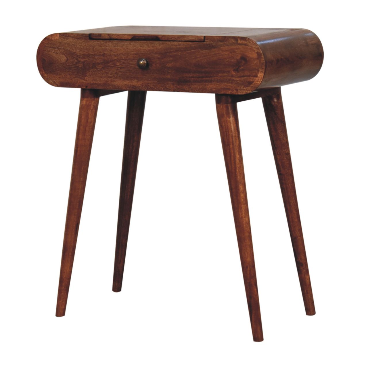 A sleek mini honey caramel wooden dressing table with a foldable mirror and curved top with tapered legs