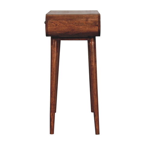 Mini honey caramel dressing table with foldable mirror featuring a sleek dark brown wooden side table design