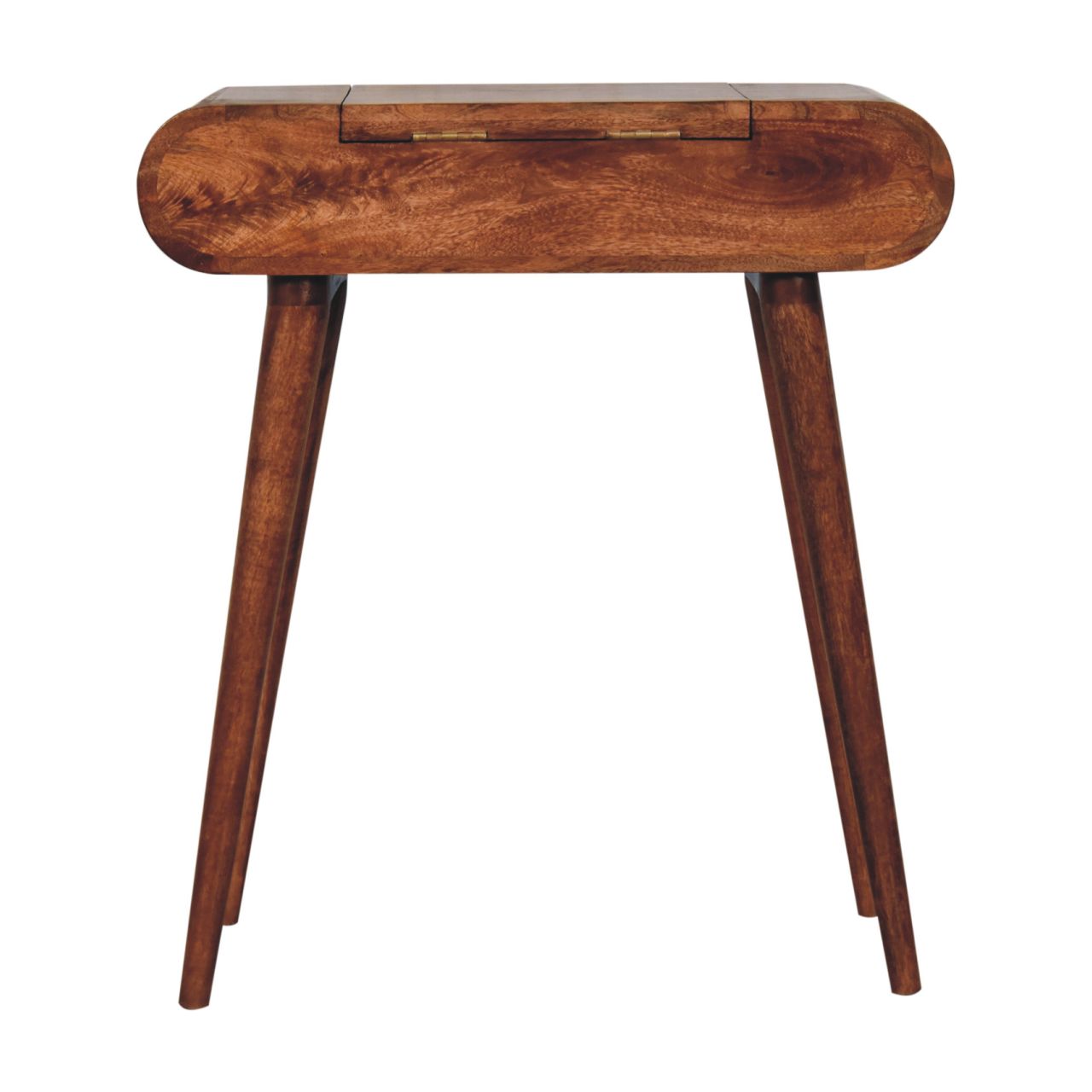 A sleek mini honey caramel wooden dressing table with a foldable mirror and tapered legs in rich brown finish