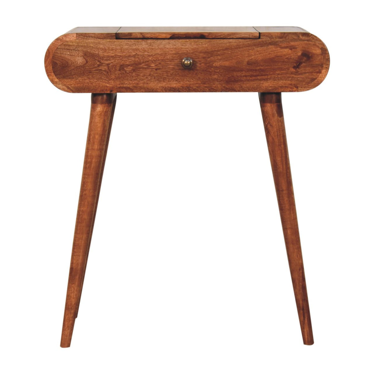 A warm brown wooden mini honey caramel dressing table with a foldable mirror and a single drawer with brass knob