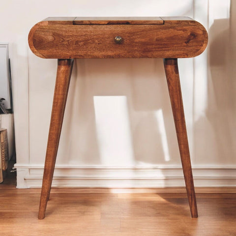 A warm-toned wooden mini honey caramel console table with a foldable mirror and tapered legs for stylish storage