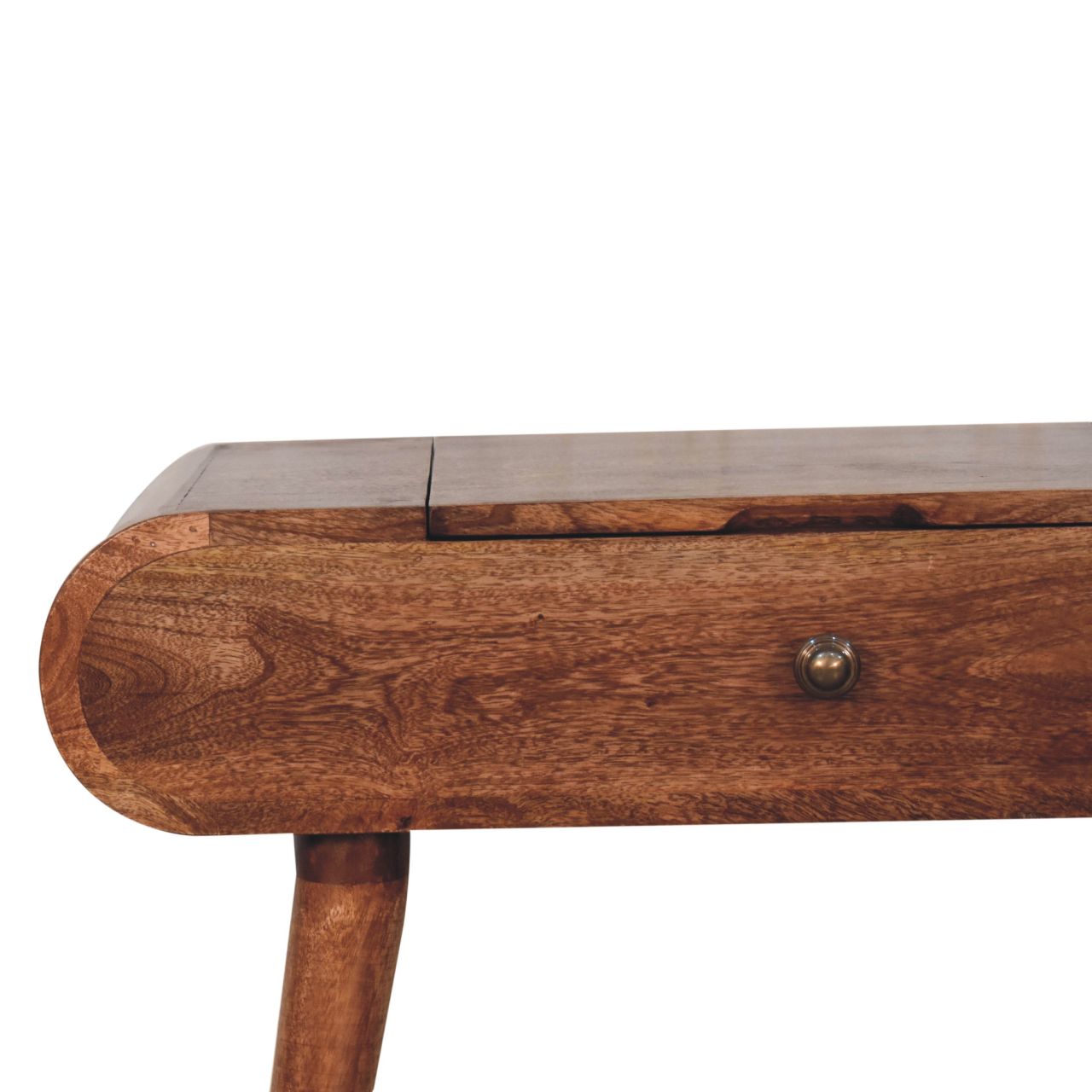 A mini honey caramel wooden dressing table with a warm finish and foldable mirror for easy use