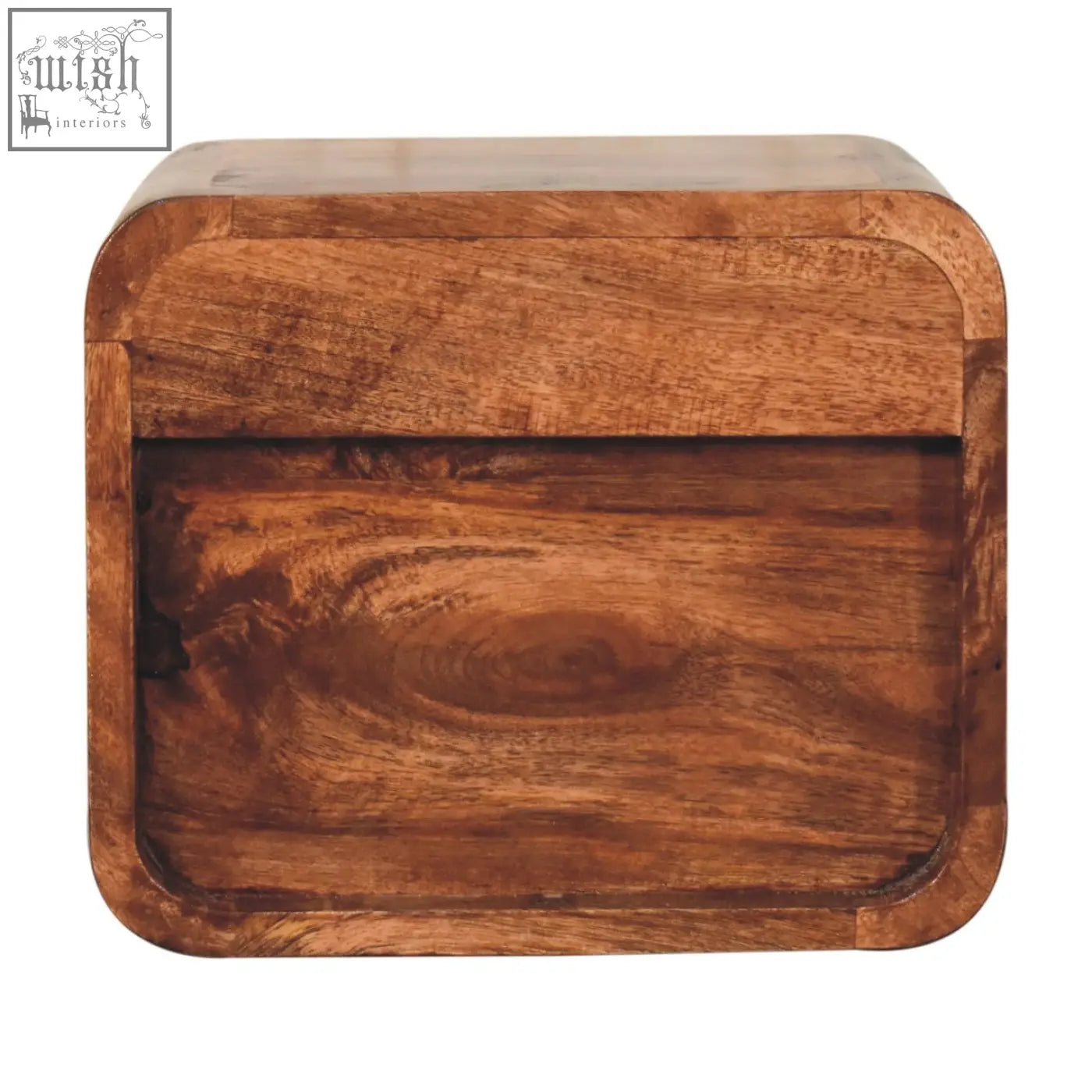 A rustic honey caramel mango wood bread box with warm finish and open slot showing natural grain patterns