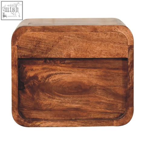 A rustic honey caramel mango wood bread box with warm finish and open slot showing natural grain patterns