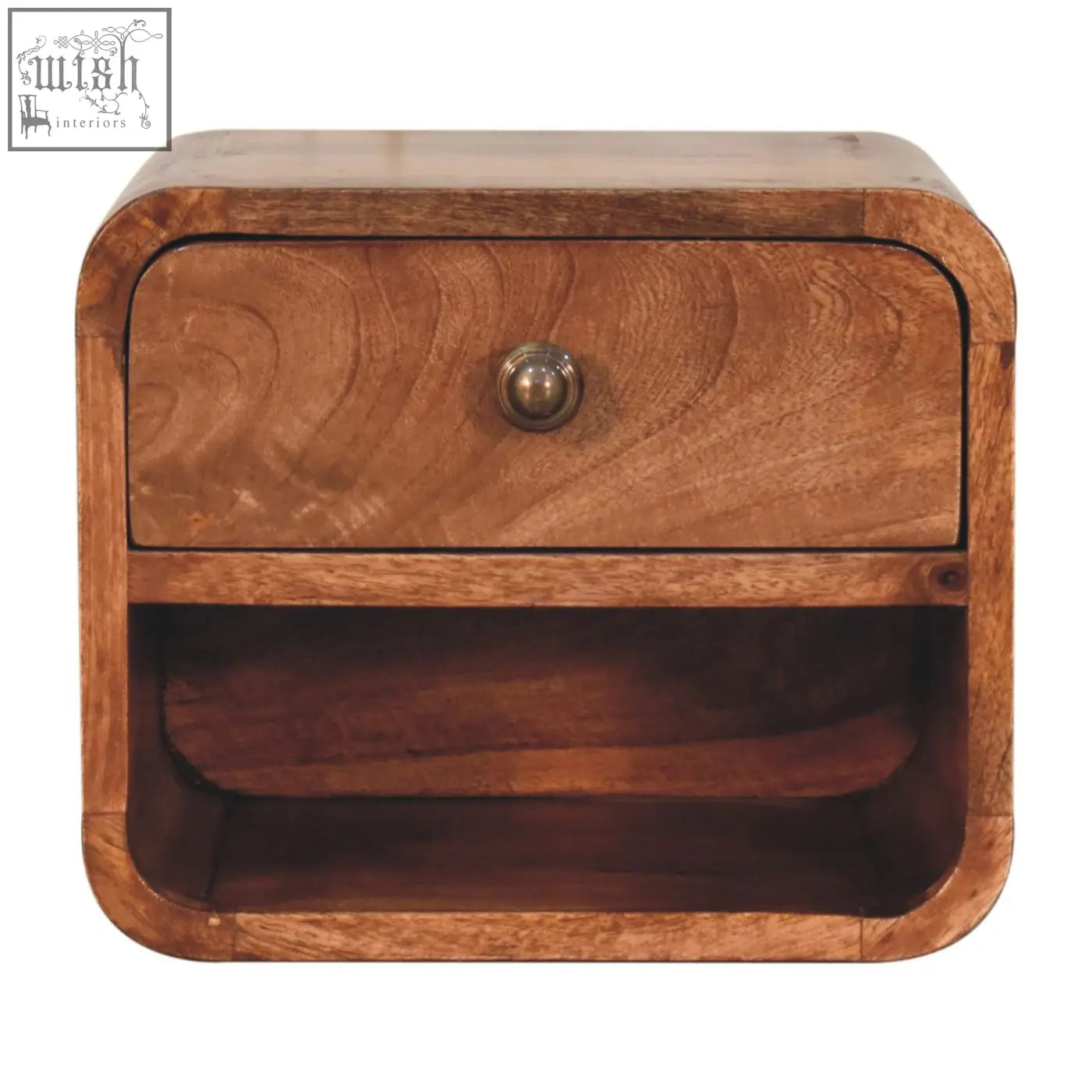 A rustic honey caramel mango wood mini wall mounted bedside with open slot and single drawer in warm brown tones