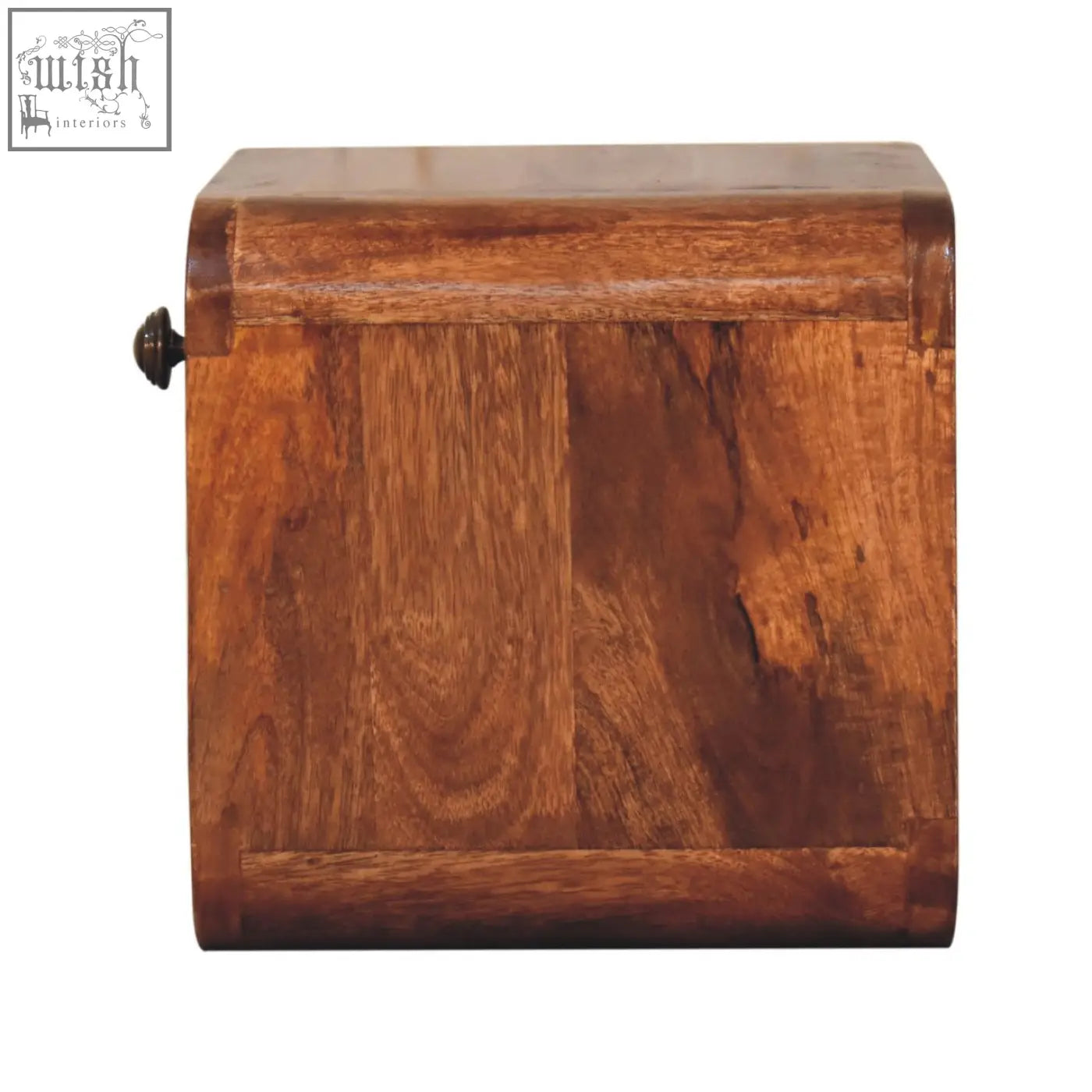 A rustic honey caramel mango wood mini bedside box with open slot and dark metal latch for wall mounting