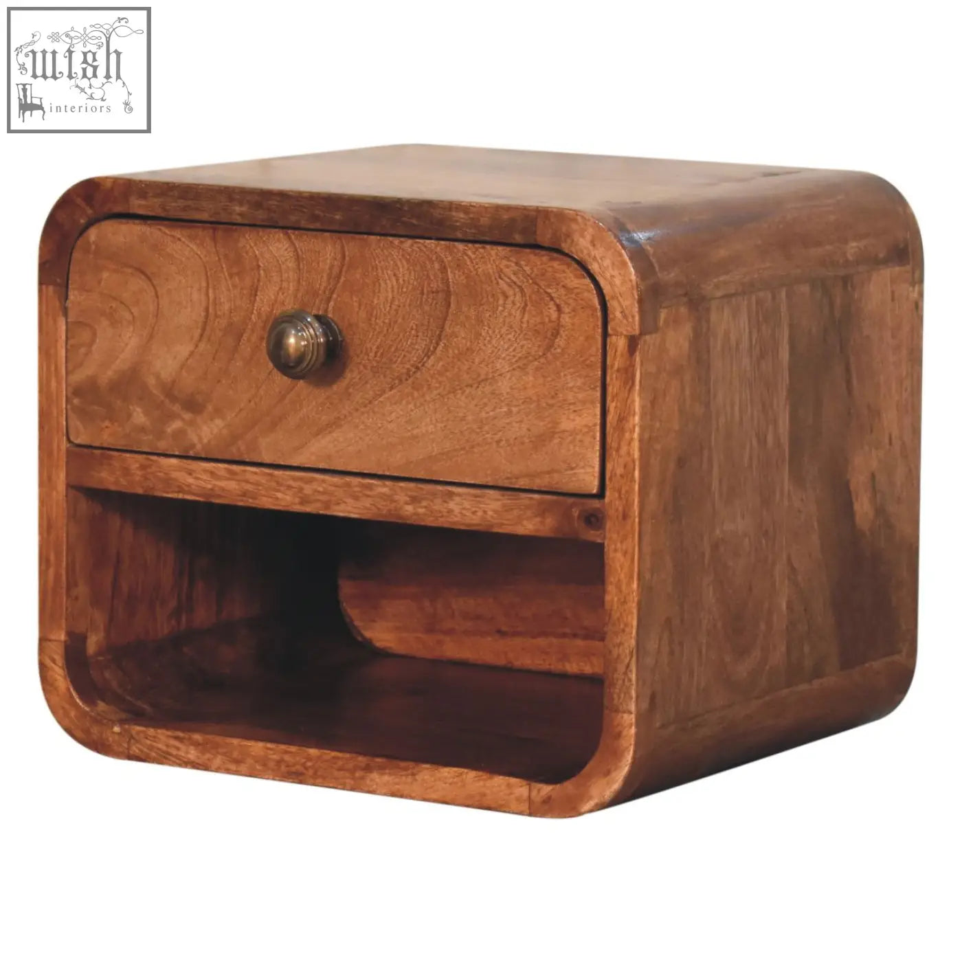 Warm-toned honey caramel mango wood nightstand with single drawer rounded edges and open slot bedside design