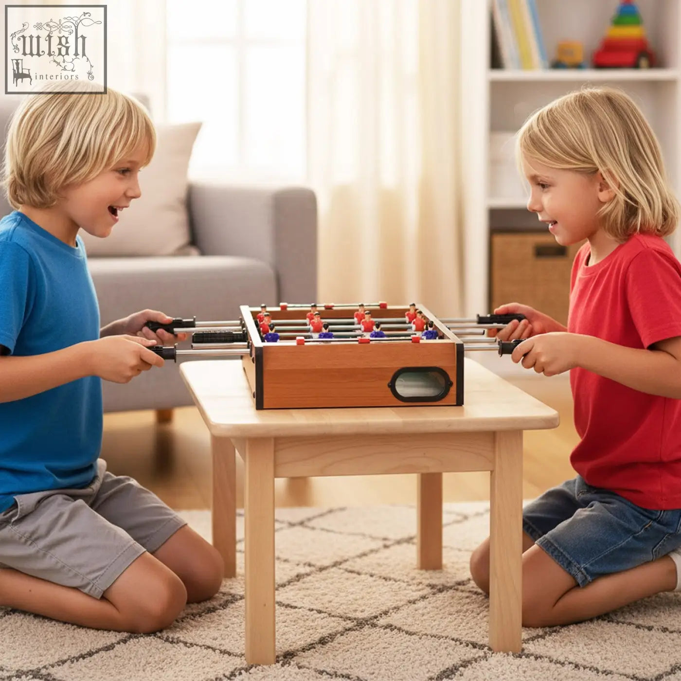 Wooden mini indoor football table with red and blue player figures two soccer balls and scoring sliders