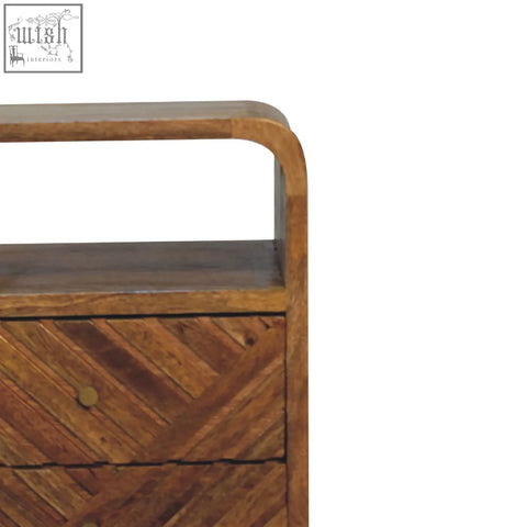 Rustic mini lille curved bedside table in oak with chevron drawers and open shelf made of solid mango wood