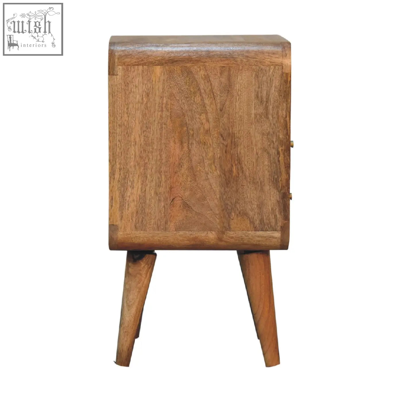 Rustic mini lille curved bedside table in warm medium brown solid mango wood with visible grain and open shelf