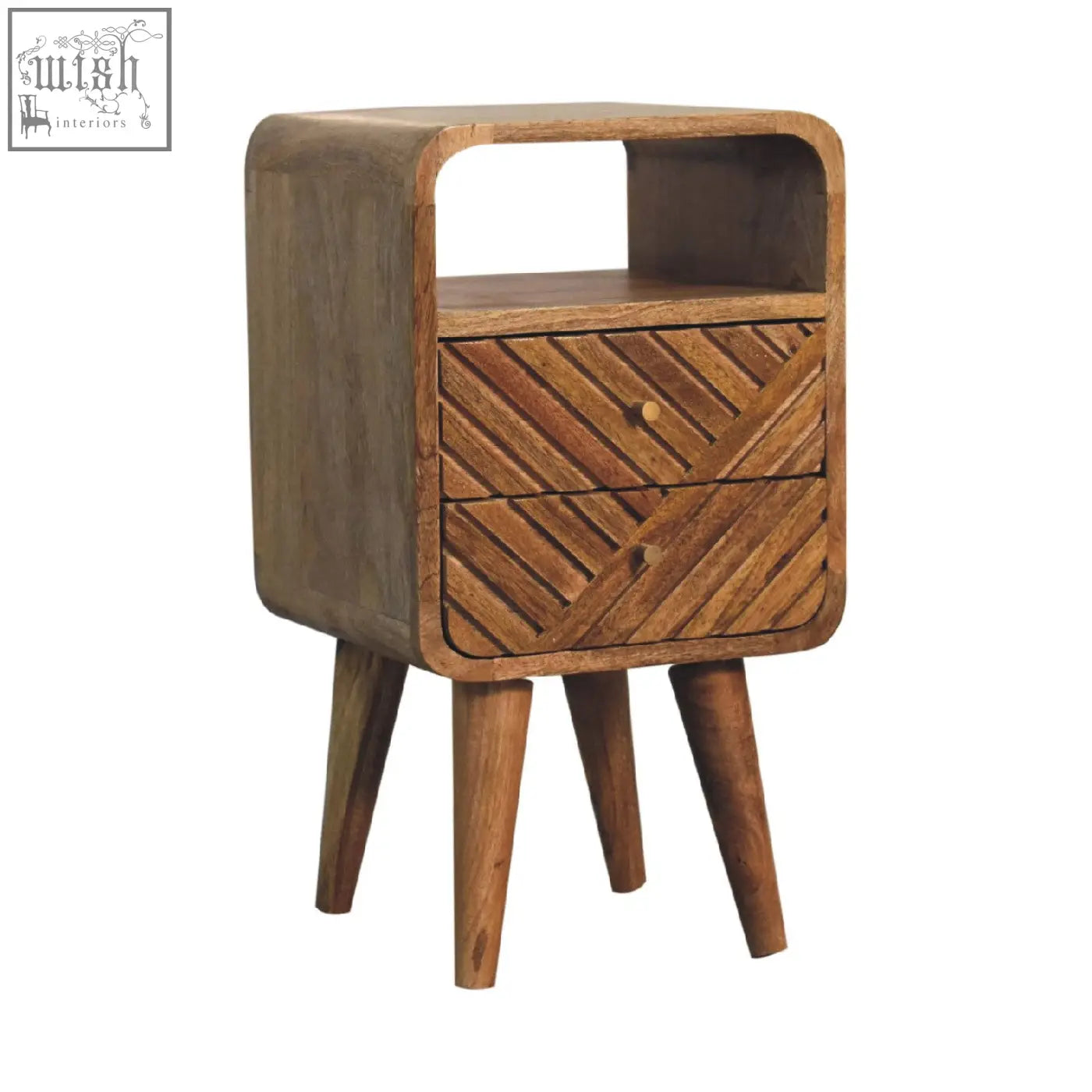 Mini lille curved bedside table in oak solid mango wood with geometric patterned front and open shelf