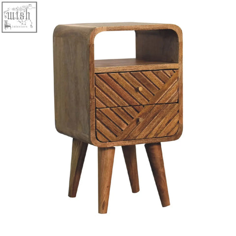 Mini lille curved bedside table in oak solid mango wood with geometric patterned front and open shelf
