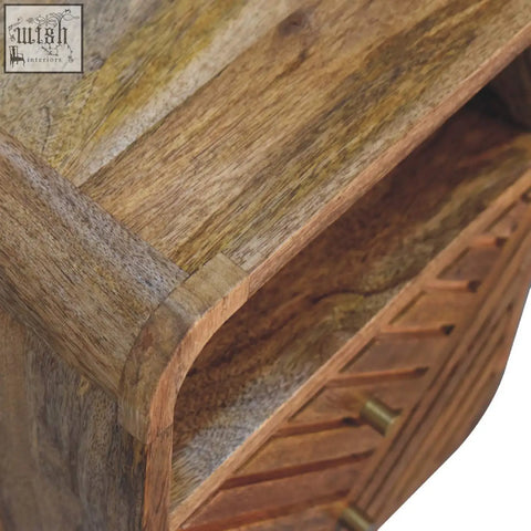 Rustic mini lille curved bedside table in warm brown solid mango wood with natural grain and open shelf storage