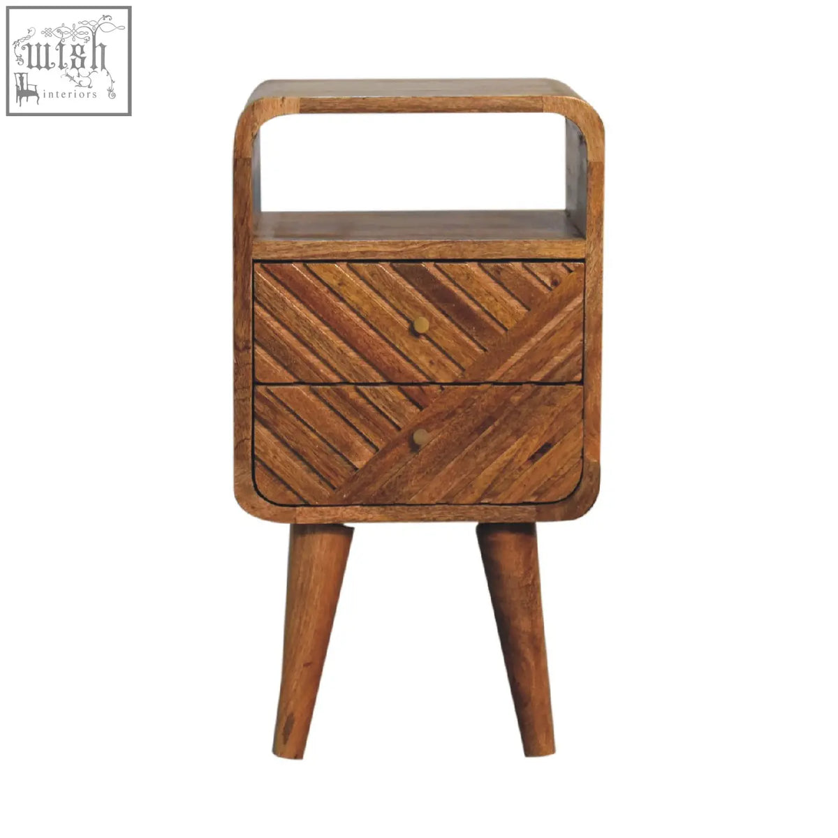 Mini lille curved bedside table with two drawers and open shelf in solid oak and mango wood with diagonal grain pattern