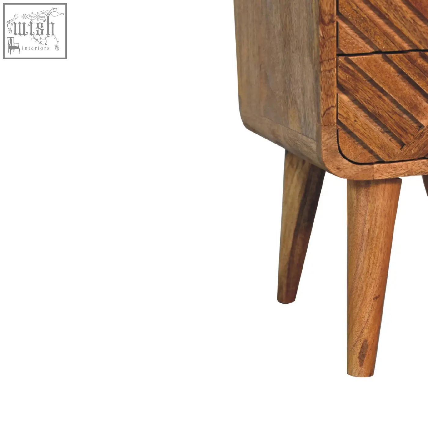 Mini lille curved bedside table in oak solid mango wood with tapered legs and an open shelf design