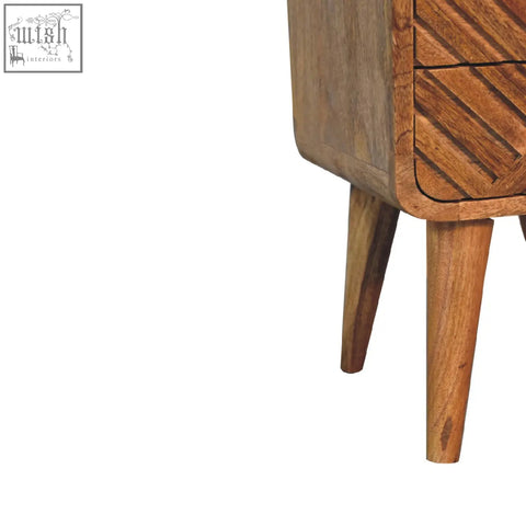 Mini lille curved bedside table in oak solid mango wood with tapered legs and an open shelf design