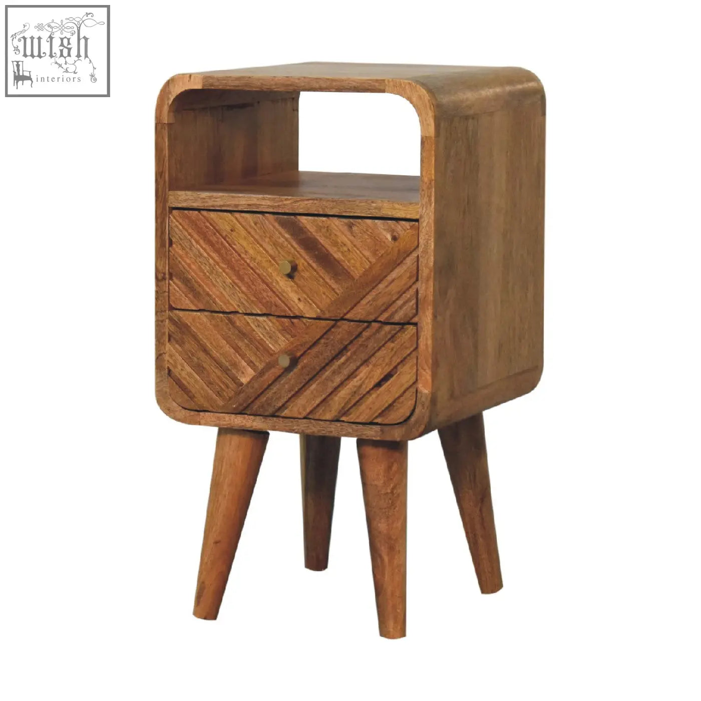 A mid-century modern mango wood nightstand with warm brown finish two drawers and an open shelf on tapered legs