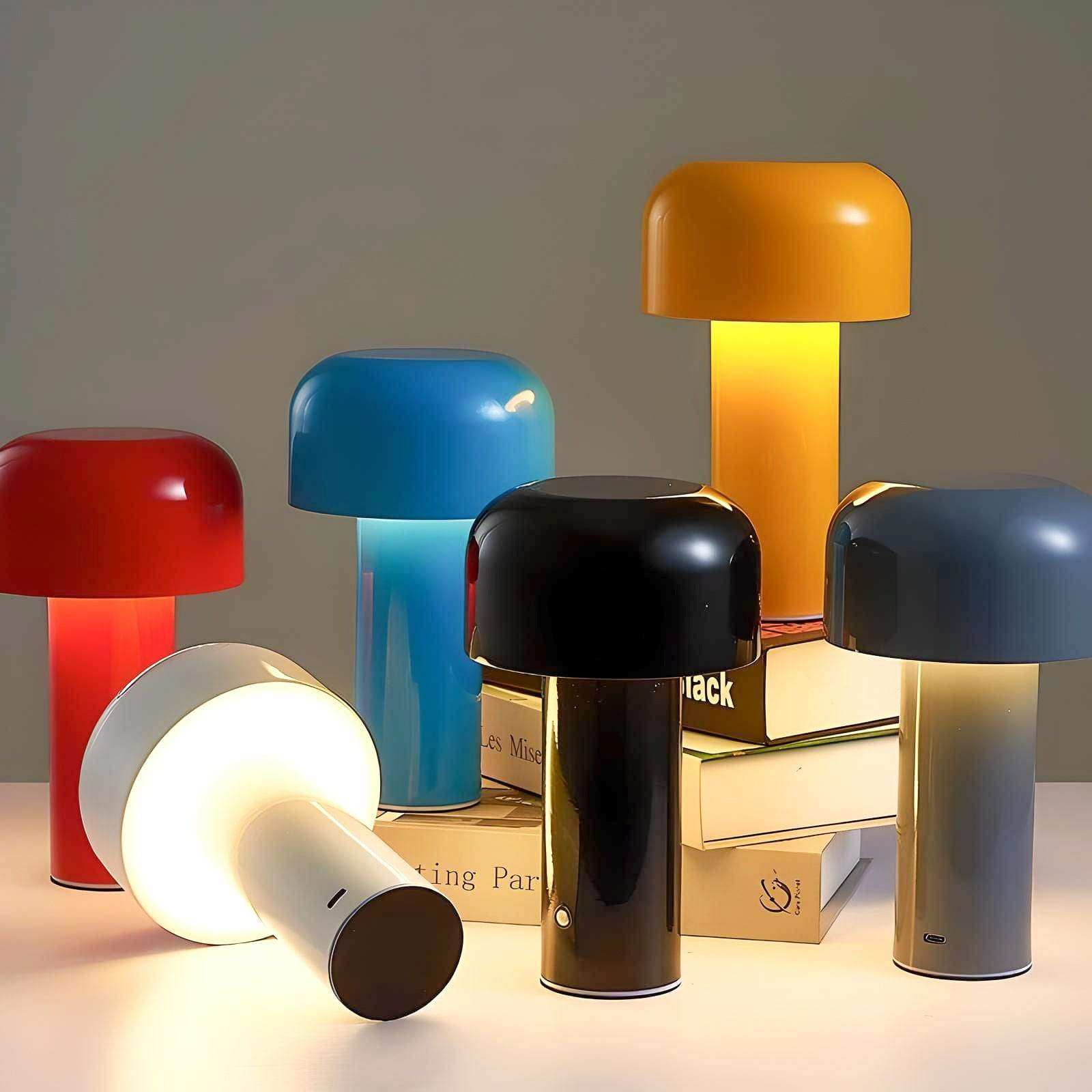 Mini mushroom desk lamp with a glossy finish available in red blue black yellow gray colors perfect for desks