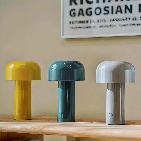 Three mini mushroom lamps in yellow teal and gray with glossy finish perfect for desk lighting