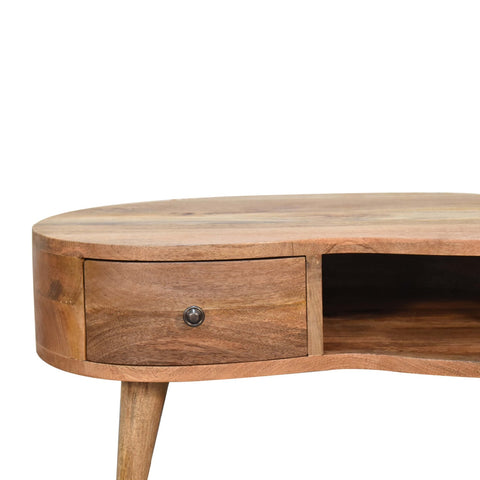 Light brown wooden mini oak-ish wave coffee table with curved top single drawer and tapered legs perfect for living rooms